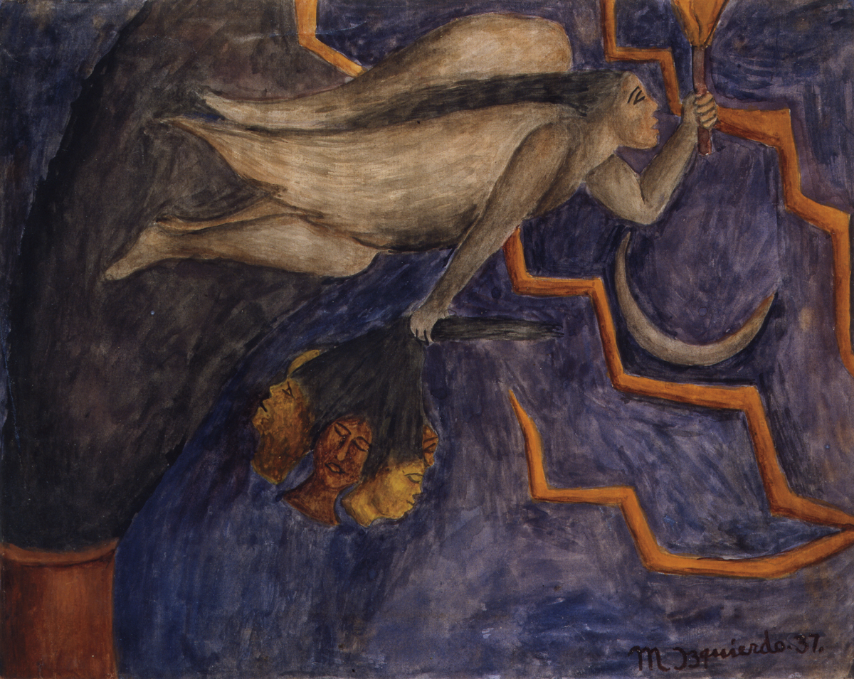 A painting of an angel flying while holding a bunch of decapitated heads in her hand.